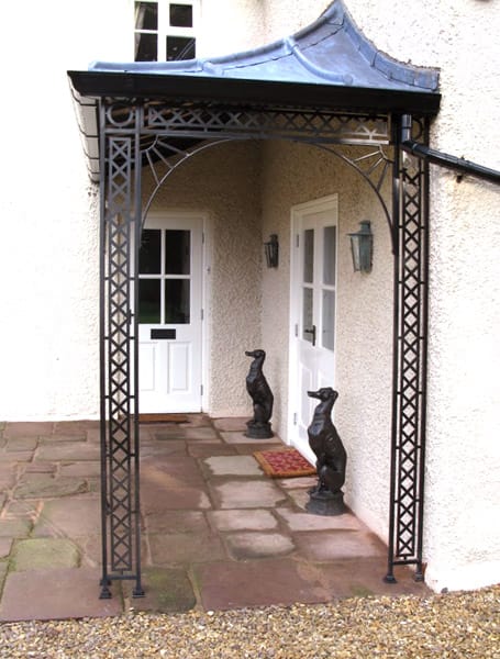 Metal porch with lead roof and galvanised mild steel support structure